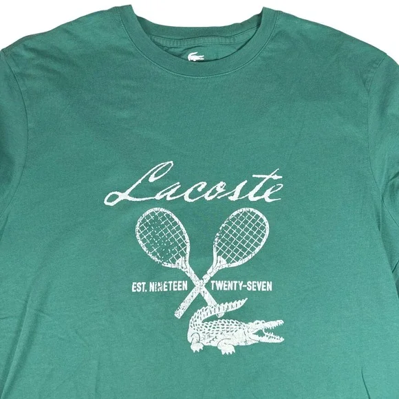 Lacoste Men's Tennis Crocodile Logo Graphic T Shirt Green Cotton Size 6 - Picture 1 of 6